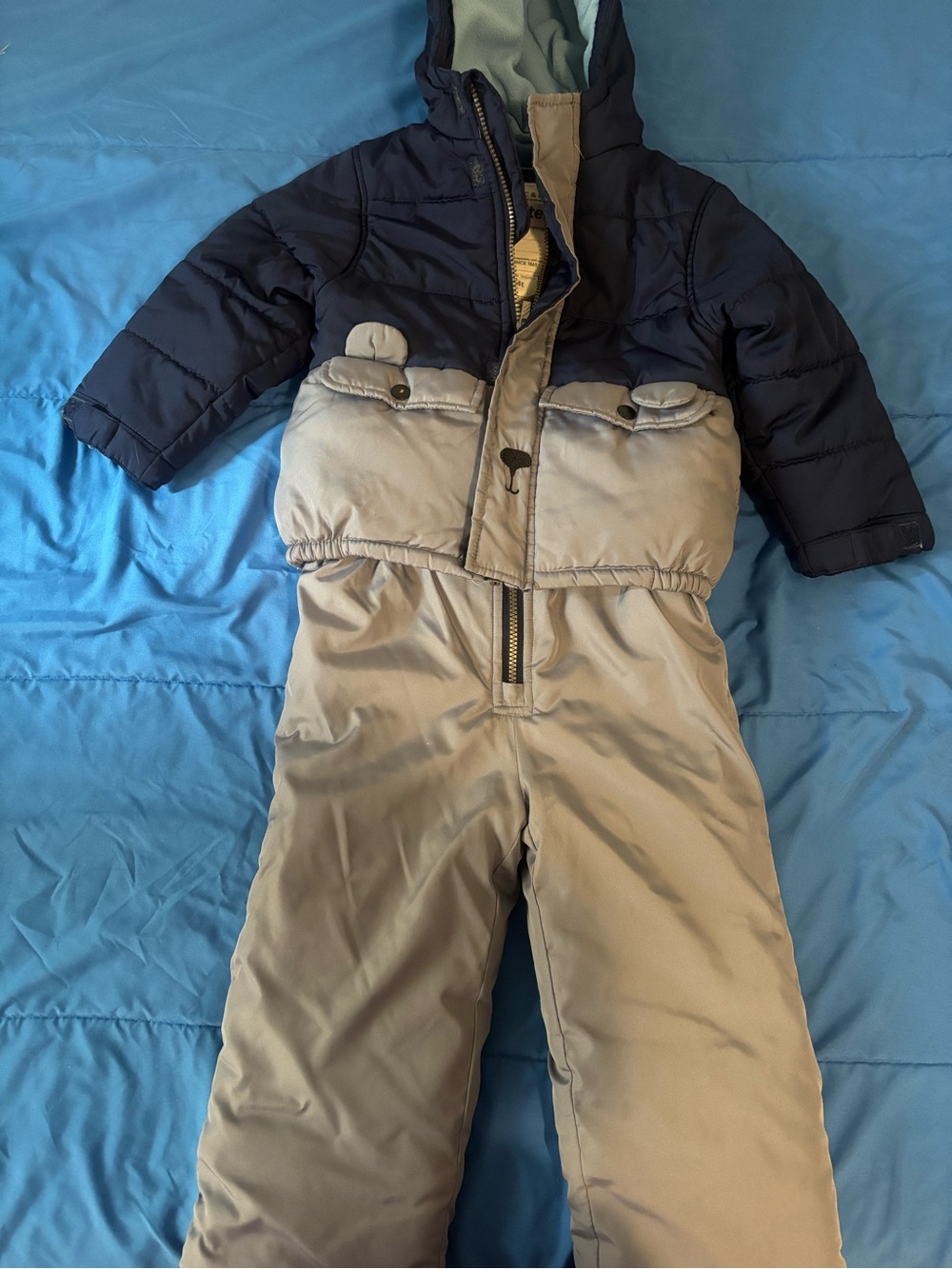 Kids Two-Tone Navy and Tan Puffer Snow Suit